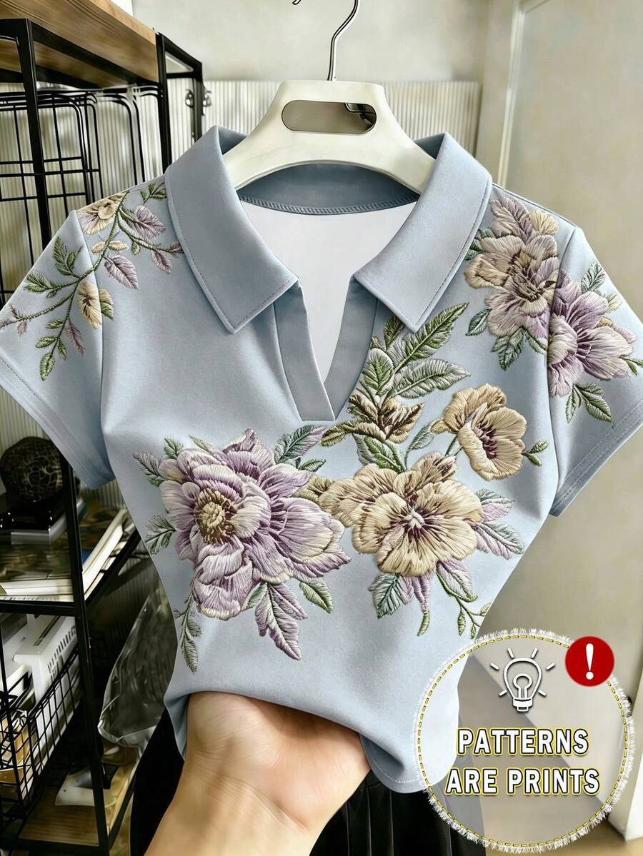 Franclia 女士碎花图案休闲百搭Polo领短袖时尚休闲T恤,送给她的礼物/节日礼物 - 彩色 - 查看 1