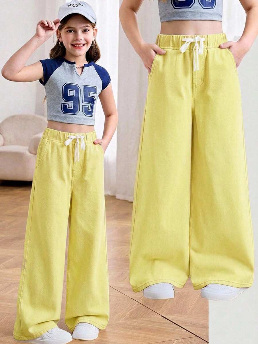 SHEIN 少女夏季淺色水洗抽繩腰寬腿休閒牛仔褲,日常穿著彈性腰舒適寬腿褲,夏季海灘波希米亞度假休閒,電音派對音樂節 - 黃色 - 查看 1