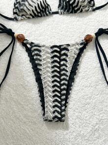 Swim Vcay Women's New Textured Fabric Sexy Tropical Beaded Bikini Set, Beach Vacation/Pool Vacation Outfit For Summer Black - Black and White - View 8