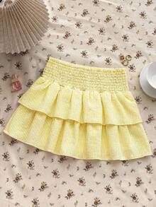 SHEIN Rok A-Line Bergaris Kuning & Putih dengan Lipatan di Pinggang untuk Anak Perempuan Remaja - Kuning - View 5