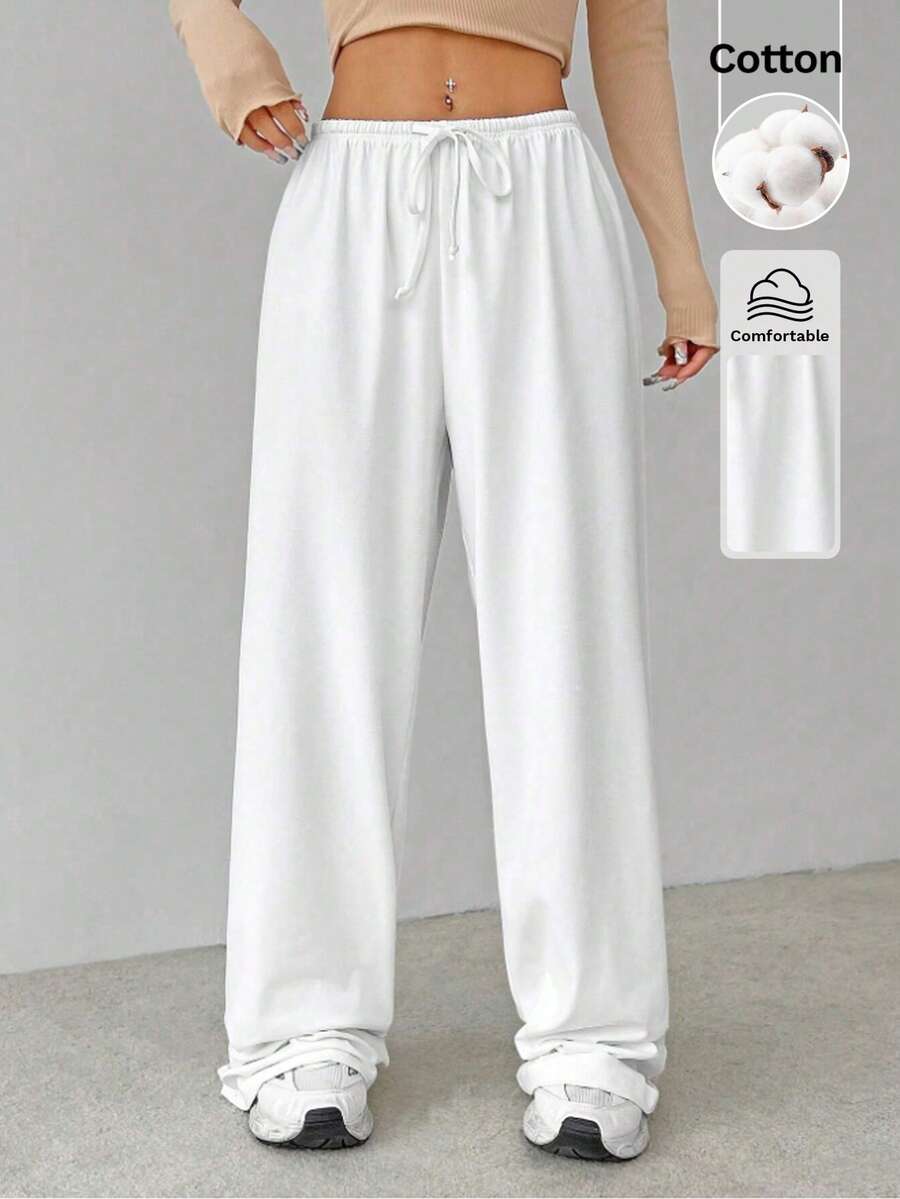 SHEIN Tall Quần dài mặc nhà mềm mại màu trắng, quần ống rộng. - trắng - Xem 1