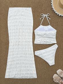 SHEIN Swim 白色夏季休閒沙灘度假派對度假 3 件組女款泳裝套裝，紋理掛脖長裙，杏色時尚下午茶穿搭 - 杏色 - 查看 4