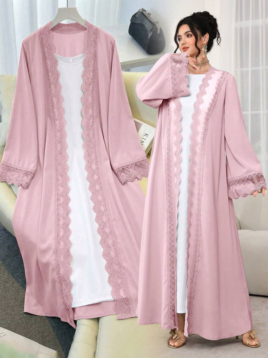 Al Najma Áo Abaya thanh lịch, trang nhã với họa tiết hoa, thích hợp cho mùa xuân và mùa hè. - Hồng - Xem 1