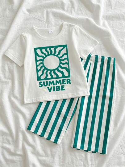 2pcs/Set Baby Boy Casual Minimalist Sun & English Letter Print Round Neck Short Sleeve T-Shirt + Striped Print Pants Outfit, Suitable For Summer Outings