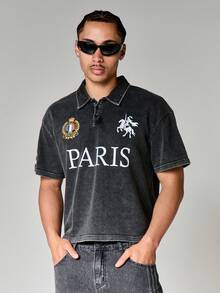 SUMWON 巴黎城市俱乐部水洗 Polo 衫，饰有刺绣和马术图案印花，短袖，常规版型 - 黑色 - 查看 4