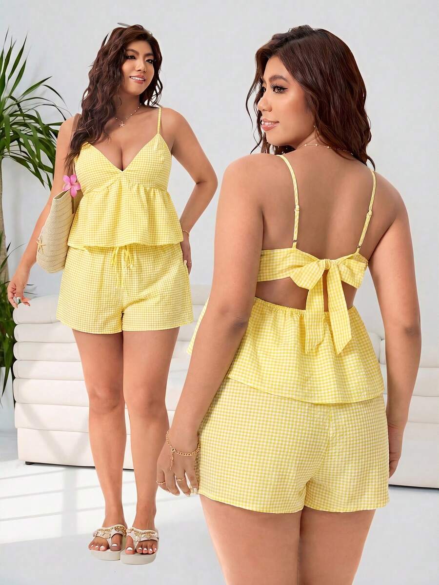 Solflare Yellow Plus Size Women's 2 Pieces Set, Spring/Summer - Yellow - View 1