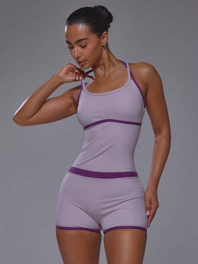 Musera Sport Scoop Neck Multi Strap Contrast Colour Panelled Adjustable Cross Back Straps Fitted Playsuit Unitard Gym Active Sports Pilates Running Cute Girly Daily Everyday Slowburn