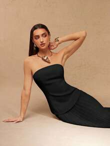 Silquee Women's Elegant Party Solid Color Bandeau Top And Pleated Skirt 2-Piece Set - Black - View 7