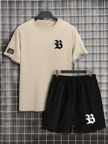 NEOREFINED 男士哥德風 B 字印花卡其色 T恤短褲套裝，休閒穿搭，度假風 - 彩色 - 查看 3