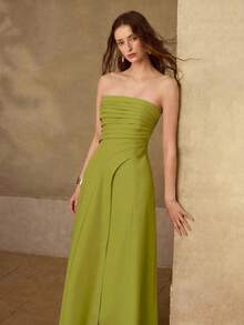 MOTF PREMIUM ELEGANT RUCHED STRAPLESS DRESS - Green - View 6