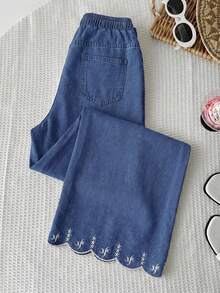 SHEIN Tween Girls' Embroidered Drawstring Waist Curved Hem Pocket Denim Jeans - Medium Wash - View 2