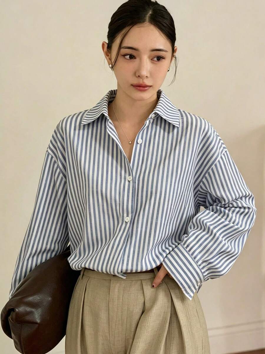 Dazy-Less Camisa de Manga Longa Listrada Azul Casual de Primavera/Verão, Adequada para Escritório, Transporte, Dia dos Namorados - Azul - Visão 1