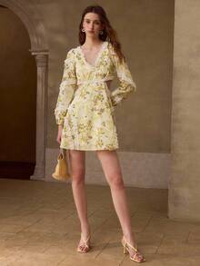MOTF PREMIUM PATCHWORK FRILL TRIM FLORAL PRINT DRESS - Yellow - View 1