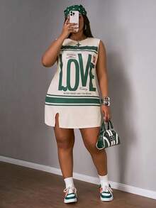 Slaydiva Plus Size Light Green Summer Grunge Back-To-School Sleeveless Letter Print Dress,Everyday Casual Street Music Festival Loungewear Cycling Vacation - Multicolor - View 3