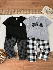 SHEIN 2pcs/Set Young Boy Soft Casual Outfit,Letter Print Round Neck Short Sleeve T-Shirt & Plaid Loose Pants,Back-To-School Summer Career Day Loungewear - Multicolor - View 4