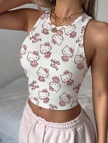 CovetEZ HELLO KITTY AND FRIENDS | SHEIN 休闲简约日常百搭可爱猫咪印花图案，适合海滩、度假，女士夏季圆领紧身吊带背心 - 彩色 - 查看 6