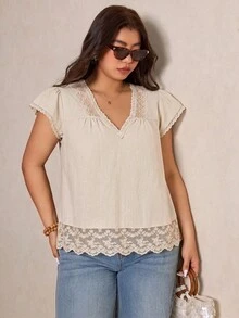 Elaquor Plus Size Women Contrast Lace Tie Back Ruffle Sleeve Blouse - Apricot - View 3