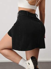 VARSIVA Falda pantalón de mezclilla con cintura alta y abertura lateral con bolsillos para teléfono VARSITIE, falda pantalón casual y deportiva para uso diario para mujeres - Negro - Ver 9
