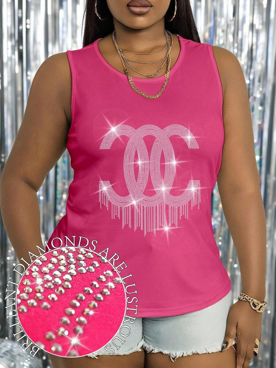 Maweii Camisetas de tirantes para mujer con eslogan, diamantes de imitación y manga corta, tallas grandes - Rosa Fucsia - Ver 1