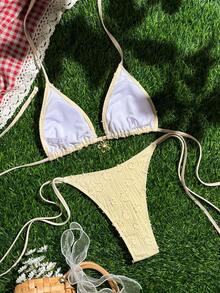 Swim Mod Women's Yellow Summer Casual Beach Holiday Vacation Holiday Swimsuit,Textured Daisy Fabric Bikini Set,Metal Flower Pendant Backless Triangle 2 Pieces - Yellow - View 2