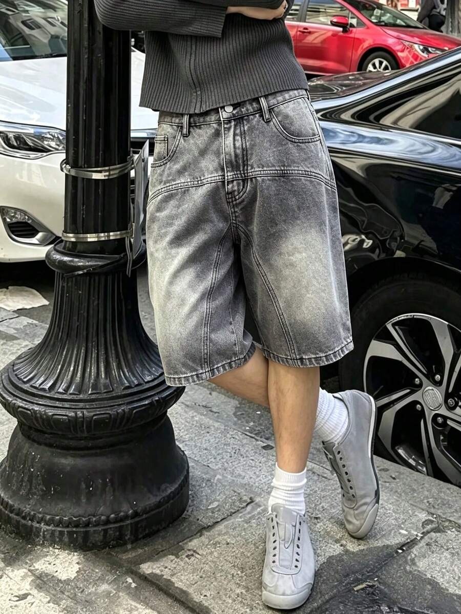 GALLERY FADE 男士夏季拼接寬鬆牛仔短褲,美式時尚街頭風百搭寬腿短褲 灰色,度假款 - 灰色 - 查看 1
