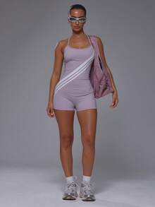 Musera Sport Scoop Neck Stripe Detail Fitted Cross Back Straps Mini Short Unitard Playsuit  Gym Active Sports Pilates Running Cute Girly Daily Everyday Slowburn - Purple - View 5