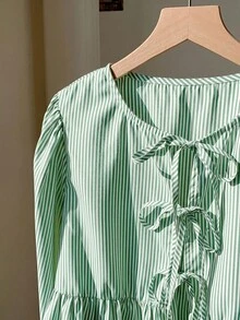 Comfortcana 女士前系带长袖褶皱条纹休闲上衣，日常穿着，绿色 - 綠色 - 查看 6