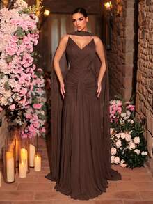 Glamrae Elegant, , Fashionable Elastic Mesh Handmade Ruched A-Line Dress, Suitable For Party, Wedding Guest, Pink Formal Evening Gown - Coffee Brown - View 1