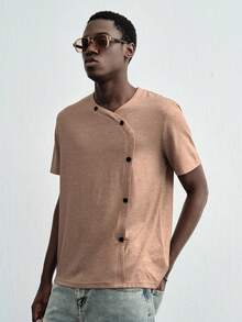 ROMWE MEN Street Life Men's Solid Color Casual Versatile Daily Wear Short Sleeve T-Shirt - Brown - View 6