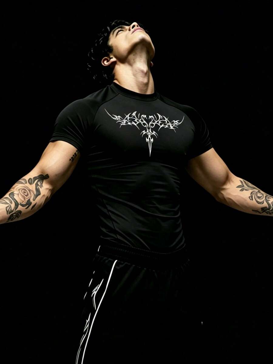RISE LYT Áo thun thể thao nam cổ tròn tay ngắn phối màu tương phản, phong cách casual đa năng - màu đen - Xem 1