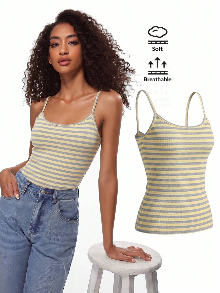 SHEIN BASICS 女士无袖修身条纹吊带背心，百搭夏季上衣
