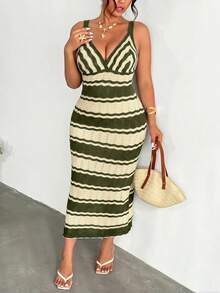 Firerie Vestido de punto sin mangas con rayas y contraste de color para mujer talla grande de vacaciones - Verde - Ver 8