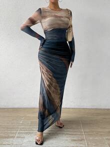 Rafferiza Tie-Dye Pleated Mesh Dress With Slim Fit Maxi Women Outfit Fall Cloth For Women - Light Grey - View 6