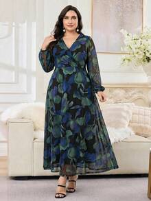 Modelyn Plus Size Elegant Floral Print Midi Dress For Commuting Fall - Blue - View 4