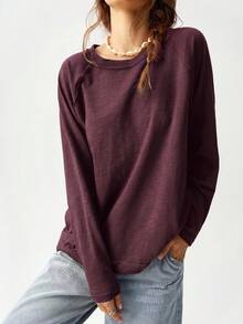 Bohemela Camiseta holgada de mujer de manga raglán de cuello redondo de punto de color liso para vacaciones - Rojo violeta - Ver 4