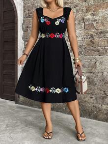 Breezaya Plus Size Floral Embroidery Sleeveless Casual Boho Vacation Dress Black Summer - Multicolor - View 1