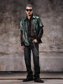 Skyrend Men's Loose Fit PU Leather Front Zip Short Sleeve Shirt, Streetwear Inspiredemo Grunge - Olive Green - View 3