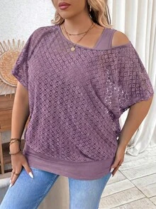 Linhara CURVE Áo khoác ngoài size lớn bằng vải ren rỗng, vai bất đối xứng, có lớp lót camisole tương phản, 2 trong 1, eo thắt, cổ tròn, phong cách thường ngày cho nữ, phù hợp đi chơi, du lịch và đi làm - Bụi tím - Xem 6
