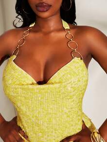 SHEIN SXY Plus Size Sexy Sequin Backless Halter Bodycon Dress, Summer Party Lime Green - Yellow - View 9