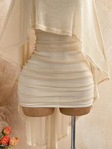 Soleia Party Gold Sequin Sheer Asymmetric Shoulder Loose Top & Ruched Hem Bodycon Mini Dress 2 Piece Set,Light Beige,Summer,Boho,Beach Vacation,Holiday - Gold - View 8