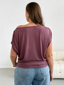 SHEIN Essnce Áo thun cổ lệch màu trơn dáng rộng mùa hè cỡ lớn - Màu đỏ tím - Xem 2