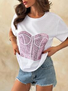 EURMUSE Damen Premium Weiß Baumwolle T-Shirt mit glitzerndem rosa Pailletten Bustier Detail, strukturierter Korsage-Stil Näharbeit und täglich glamouröse Oversized Silhouette, limitierte Kollektion - Weiss - Übersicht 2