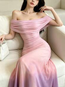 Modelyn 渐变印花露肩荷叶边长款连衣裙，女士露肩收腰鱼尾长裙，渐变图案雪纺长款连衣裙，夏季度假风 - 彩色 - 查看 8