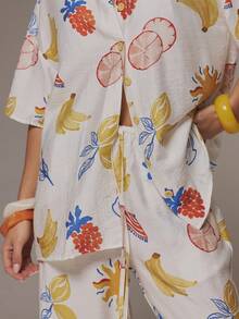 MUSERA Kemeja Kancing Depan Motif Liburan Grafis Berbahan Linen, Celana Panjang Kaki Lebar, Gaya Liburan Musim Panas, Boho Tropis, Pantai Ibiza, Putih - MultiWarna - View 5