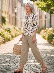 EMERY ROSE Middle-Aged & Elderly Women's Floral Print Shirt And Solid Color Pants Set - Multicolor - View 4