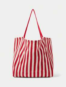 SHECARRY Women's Fashion Red And White Striped Contrasting Canvas Tote Bag, Island-Style Palm Tree Embroidered Shoulder Bag, Casual Light And Large-Capacity Beach Bag, Suitable For Summer Vacation And Daily Shopping - Red - View 3