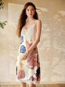 MOTF PREMIUM VESTIDO CAMISERO DE SATÉN CON ESTAMPADO DE ENCAJE ROMÁNTICO PARA MUJER - Azul - Ver 5