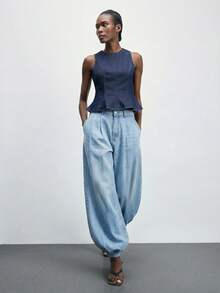 Maija Quần jeans nữ đơn sắc tối giản mặc hàng ngày - Màu xanh lam - Xem 6