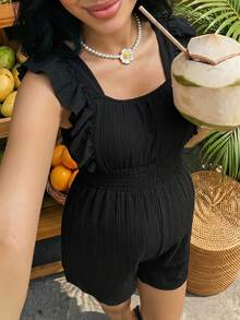 SHEIN Pregnant Women's Textured Shirred Ruffle Sleeve Jumpsuit, Versatile For Travel - Black - View 1