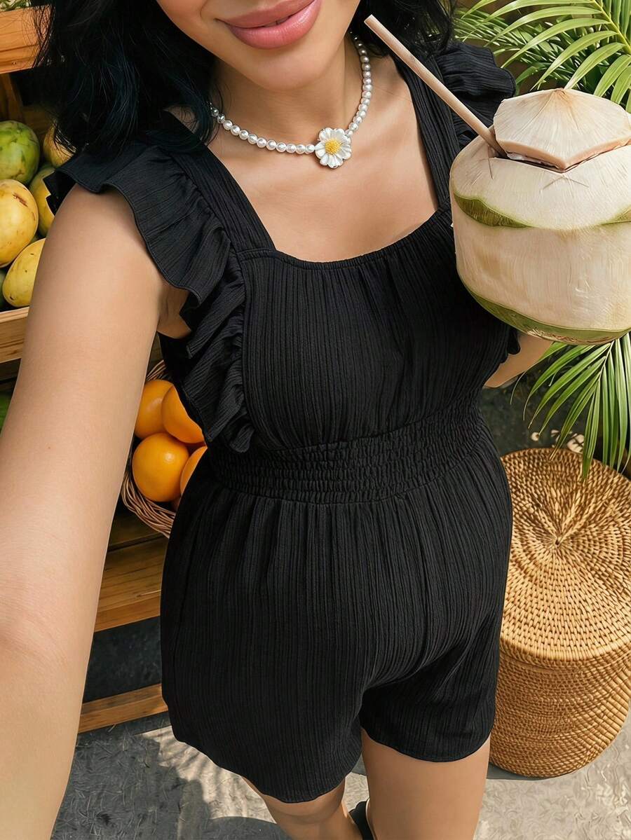 SHEIN Pregnant Women's Textured Shirred Ruffle Sleeve Jumpsuit, Versatile For Travel - Black - View 1
